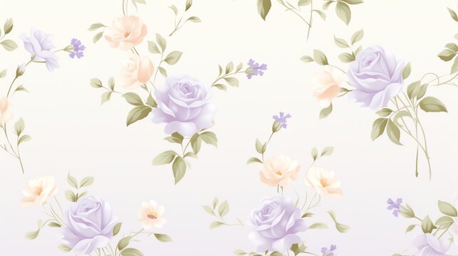 A delicate floral pattern featuring Victorian roses and lilacs in soft shades of lavender and cream, ideal for vintageinspired wallpaper or elegant textile designs
