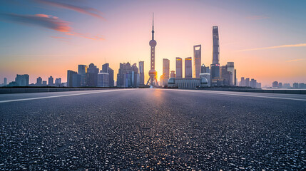 Obraz premium Empty asphalt road and city skyline with buildings at sunset in Shanghai : Generative AI