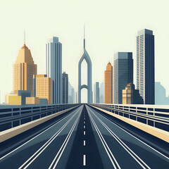 Fototapeta premium City skyline view from bridge metropolis cityscape Street lamps and railings along twolane road skyscraper buildings urban CitHouse towers under cloudy sky Cartoon vector illustration -generated by ai
