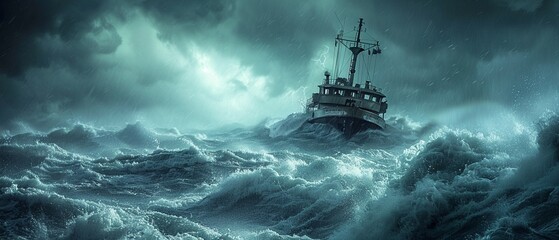 Fototapeta premium Ship in distress, battling the storm on a rough sea, facing the threat of sinking 8K , high-resolution, ultra HD,up32K HD