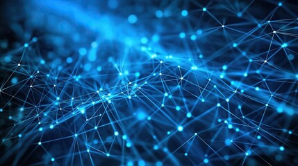 Digital visualization of a blue network, depicting complex connections and nodes in a deep blue hue..