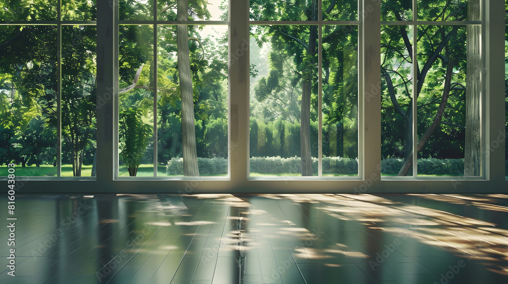 Poster empty room with large windows overlooking the garden : Generative AI