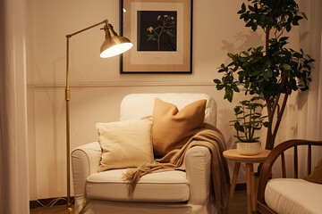 A living room with a white sofa, brass floor lamp, and armchair. There is also an artwork on the wall above it. A warm yellow light illuminates part of one side of the chair and table.