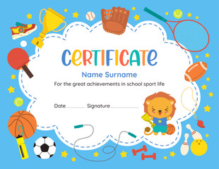 Obraz premium Cute sports achievement certificate of recognition. Fun design template with kawaii cartoon animal lion. Flat vector sport icons. Perfect for celebrating young athlete success in elementary school.