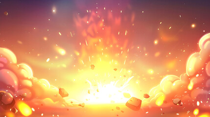 Bomb explosion, clouds of smoke, particles and fire in comic style. Abstract background. Cartoon illustration of boom explode effect. Design for military operations, catastrophes, war games banner