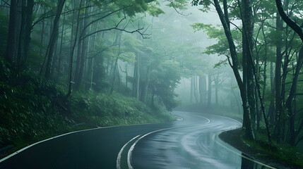 Road in foggy forest in rainy day in spring Beautiful mountain curved roadway trees with green foliage in fog and overcast sky Landscape with empty asphalt road through woods in summer : Generative AI