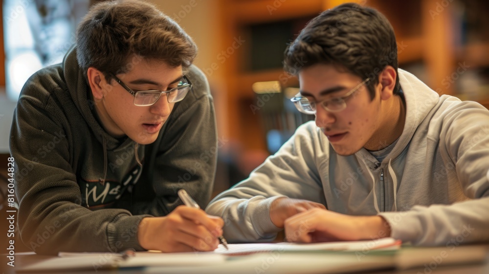 Aufkleber two students are seated at a table in a library, engaged in collaborative work on a paper or project