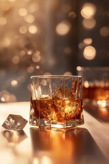 Fototapeta premium Close-up of an elegant crystal whiskey glass filled with ice and whiskey, featuring a dynamic splash and warm backlighting..