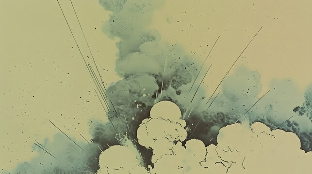 Bomb explosion, clouds of smoke in monochrome comic style. Abstract line graphics background. Cartoon flat illustration of boom explode effect. Design for military operations, war games, ads banner