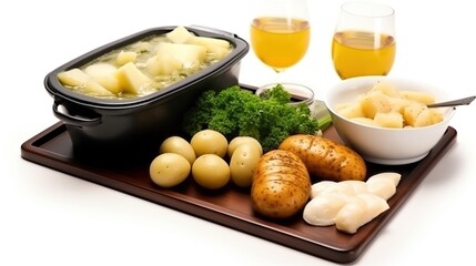 Colorful fresh ingredients for making raclette for dinner with a large wedge on white background