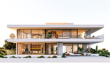 A luxurious modern villa with an open-plan layout, seamless indoor-outdoor flow, and panoramic views of the surrounding landscape, against a solid white background. - Powered by Adobe