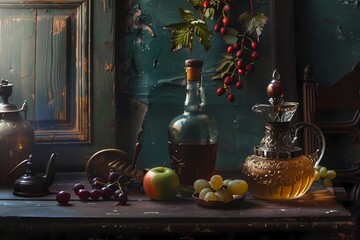 still life with vintage glass bottle of vodka, old copper tea pot and bowl full of grapes, apple on the table. Ai generated.  © gicku91