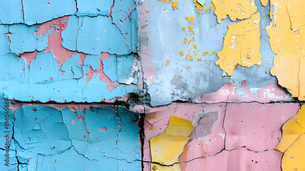 Poster detailed view on colorful aged concrete walls fronm different modern and hostorical buildings with c