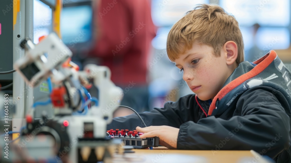 Poster a young boy is focused on assembling a robot in a busy classroom setting.