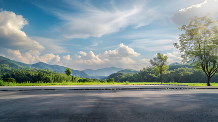 Asphalt road square and green forest with mountain natural landscape under blue sky : Generative AI