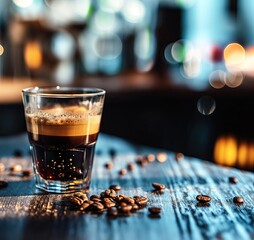 Aromatic espresso in a clear glass cup, with steam rising above and coffee beans scattered around on a rustic wooden board in a cafe setting..