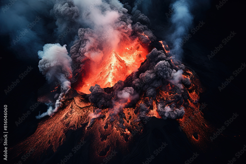 Wall mural volcano eruption from a bird view. volcano crater and magma flow shot from above. genertated ai.