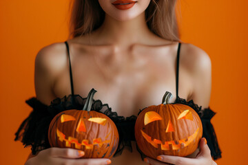 Woman holding Halloween pumpkin