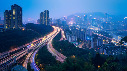 Fototapeta premium The expressway and the modern city skyline are in Chongqing China : Generative AI