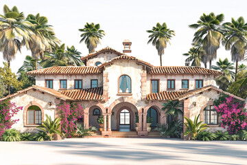 A Mediterranean-style villa with terracotta roof tiles, arched windows