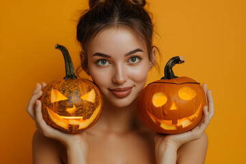 Woman holding Halloween pumpkin