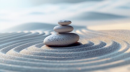 Zen stones stack on sand, Japanese garden, stability and balance