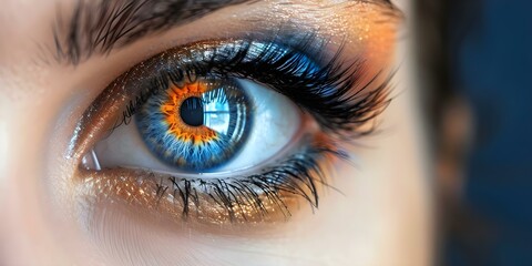 Closeup of a colorful rainbow pupil in a beautiful female eye. Concept Rainbow Eye, Colorful Pupil, Close-Up Portrait, Female Beauty, Artistic Photography