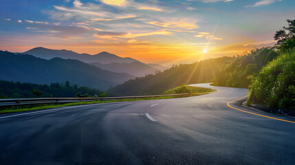 Asphalt road and mountain natural scenery at sunset Road and mountain background : Generative AI