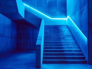 Fototapeta premium Blue staircase with neon lights on it
