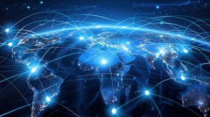 A blue and white image of the world with many lines connecting it
