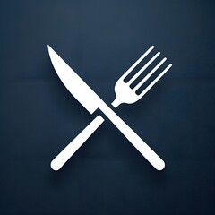 minimal white crossed knife and fork cutlery restaurant luxury logo design on dark background