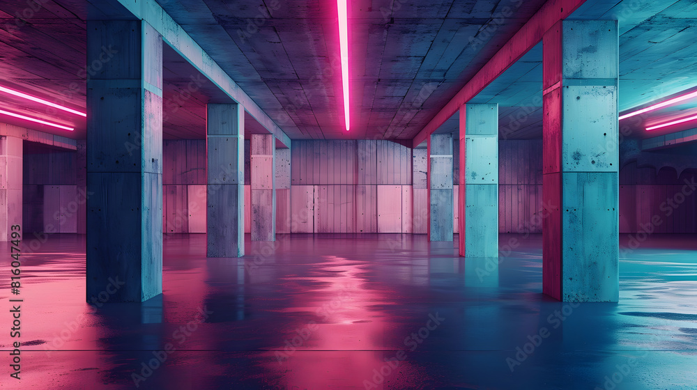 Aufkleber abstract empty parking interior with concrete pillars and neon lights modern architecture background