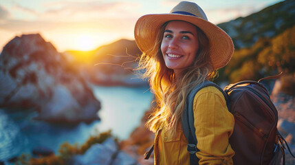 portrait of a traveler woman in a cowboy hat looking at camera at the sunset 