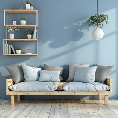 Stylish minimalistic living room design featuring a comfortable blue sofa against a serene blue wall