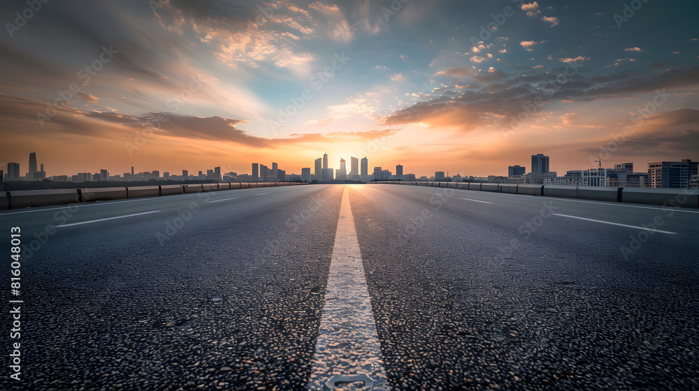 Aufkleber panoramic view of empty road side with city skyline sunset scene : generative ai