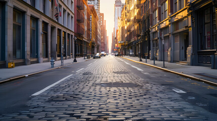 Obraz premium Empty street at sunset time in SoHo district in Manhattan New York : Generative AI