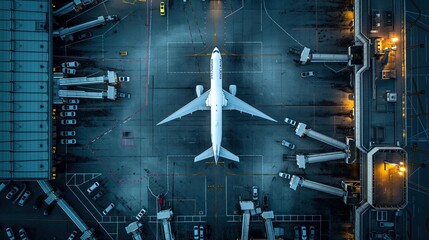 Top-down aerial shot of a commercial airplane parked at the airport gate, surrounded by ground support vehicles and jet bridges.. © SSTC AI Photo&Video