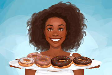 Afro American woman ready to eat a plate full of doughnuts