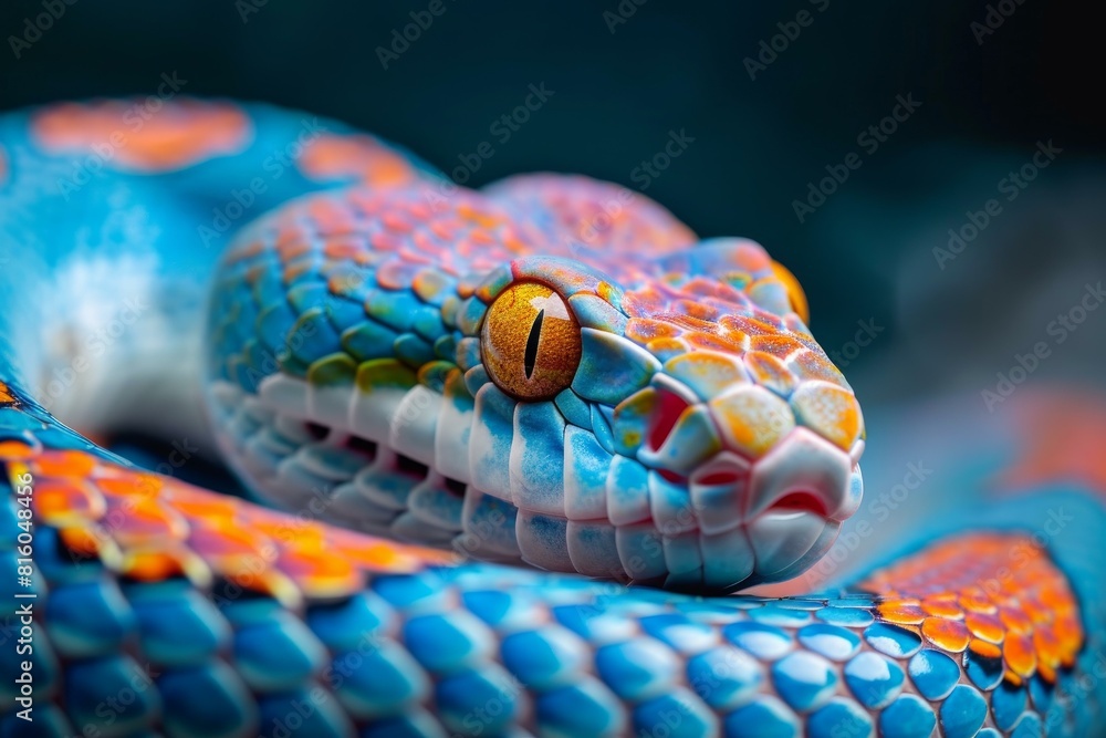 Poster close-up shot capturing the vivid colors and detailed scale pattern of a beautiful snake