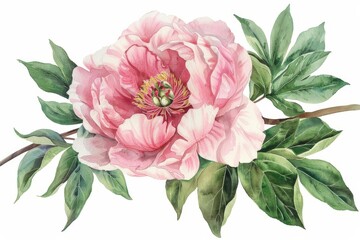 delicate peony flower with lush green leaves vintage botanical watercolor illustration