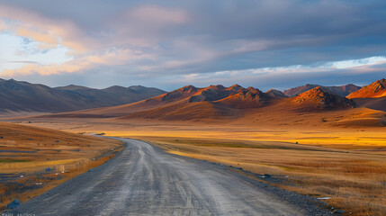 Naklejka premium Road in Western Mongolian mountains : Generative AI