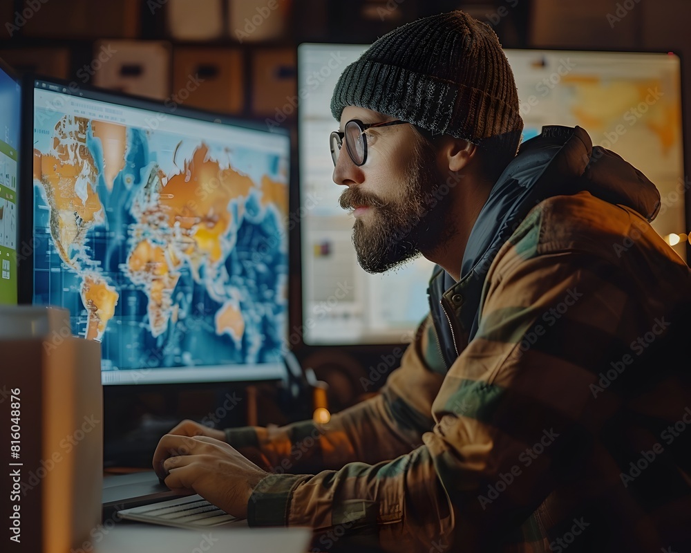 Poster drop shipping expert monitoring global logistics and order statuses on digital map interface