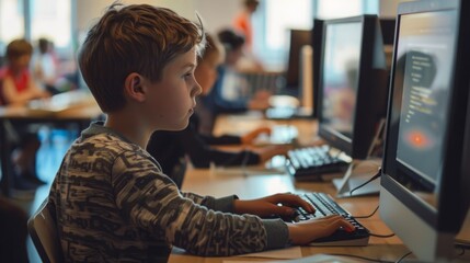 A boy is sitting at a desk in a classroom, focused on a computer screen as he works on a school assignment.