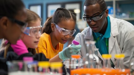 Group of students engaged in hands-on experiments in a science laboratory setting.