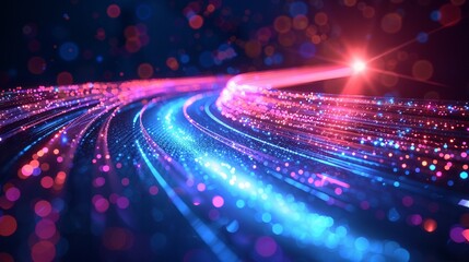 Fiber optic network connections in an abstract technology background, emphasizing hyper fast broadband for global data transfer