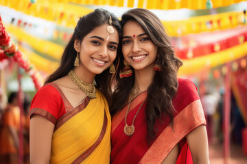 Two beautiful indian women in traditional saree