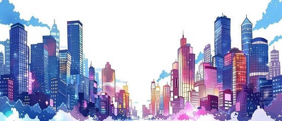 Sunrise over skyscrapers, architectural geometric pattern, perspective graphic painting for corporate brochure template