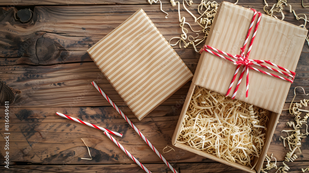 Poster opened gift box with shredded paper on wooden background brown paper box with decorative straws fill