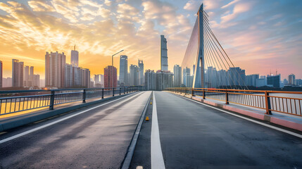 Asphalt road and pedestrian bridge with modern city skyline at sunset in Ningbo Zhejiang Province...
