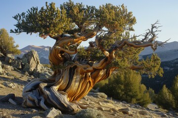 Majestic ancient bristlecone pine tree bathed in warm sunset light in the mountains